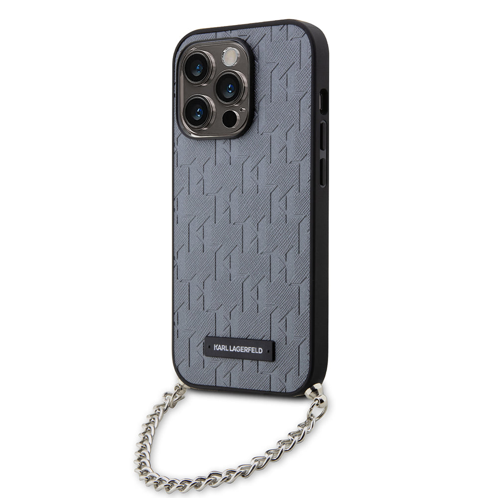 Husa pentru Apple iPhone 14 Pro, Karl Lagerfeld, Saffiano Monogram Chain, Argintie