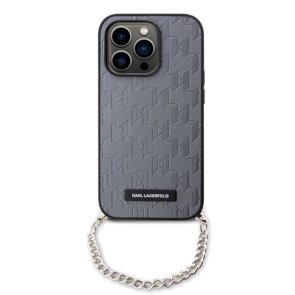 Husa pentru Apple iPhone 14 Pro, Karl Lagerfeld, Saffiano Monogram Chain, Argintie