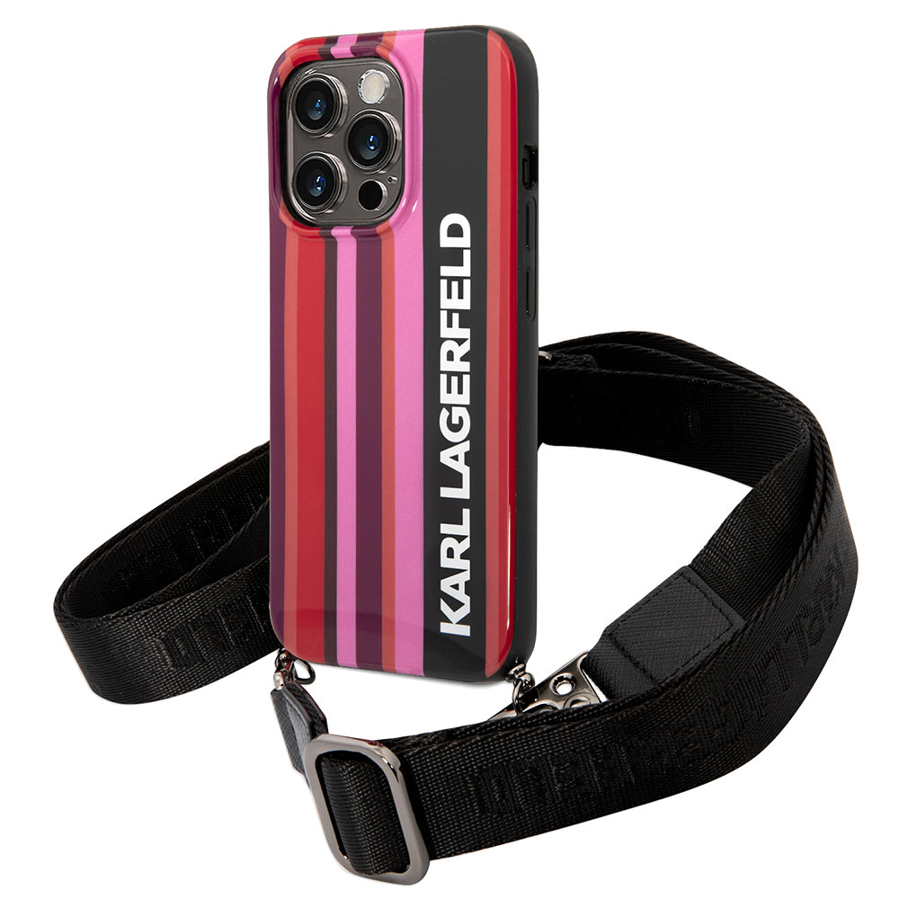 Husa pentru Apple iPhone 14 Pro Max, Karl Lagerfeld, Color Stripes with Strap, Roz