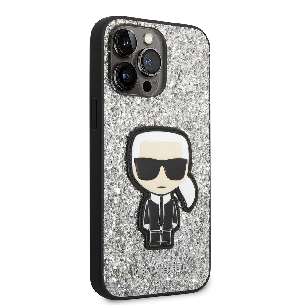 Husa pentru Apple iPhone 14 Pro Max, Karl Lagerfeld, Glitter Flakes Ikonik Karl, Argintie