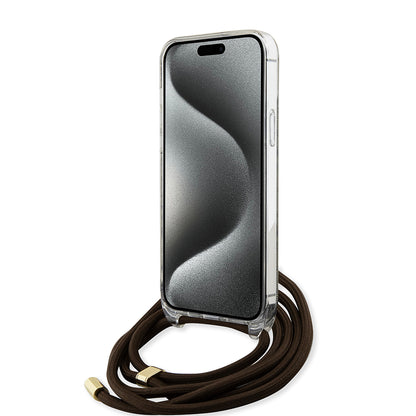 Husa pentru Apple iPhone 15, Guess, 4G IML Printed Crossbody, Maro