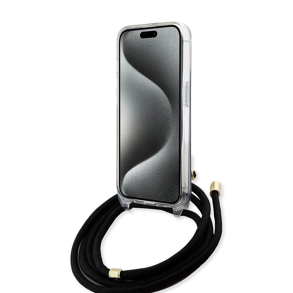 Husa pentru Apple iPhone 15, Guess, 4G IML Printed Crossbody, Neagra