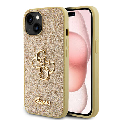 Husa pentru Apple iPhone 15, Guess, Glitter Big 4G Script, Aurie