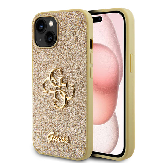 Husa pentru Apple iPhone 15, Guess, Glitter Big 4G Script, Aurie