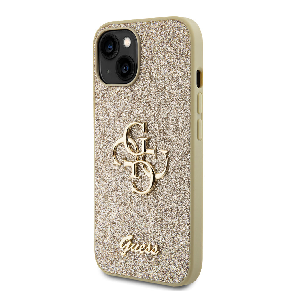 Husa pentru Apple iPhone 15, Guess, Glitter Big 4G Script, Aurie