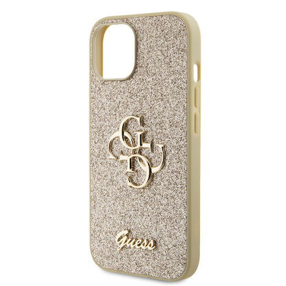 Husa pentru Apple iPhone 15, Guess, Glitter Big 4G Script, Aurie