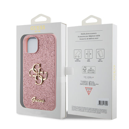 Husa pentru Apple iPhone 15, Guess, Glitter Big 4G Script, Roz