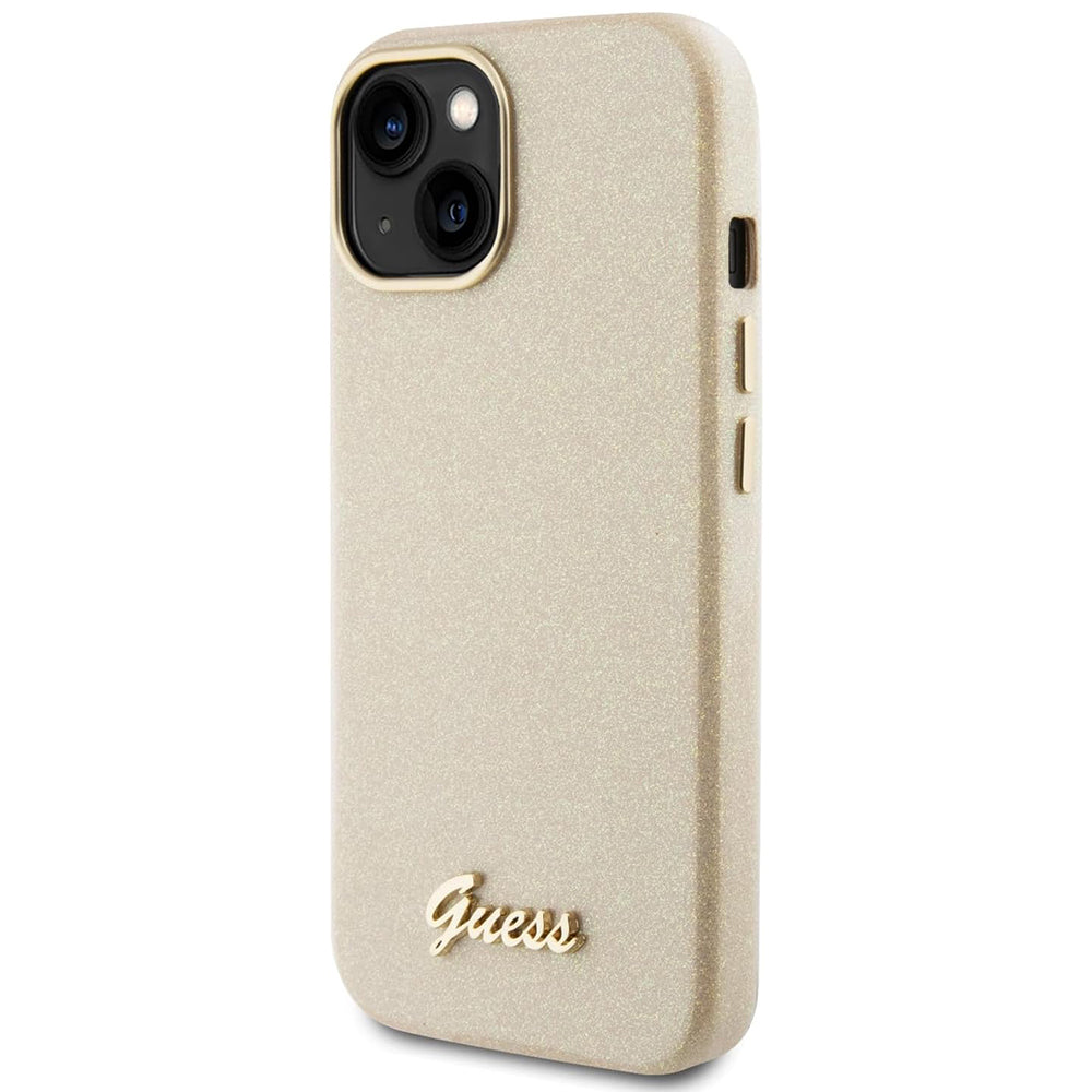 Husa pentru Apple iPhone 15, Guess, Glitter Glossy Script, Bej