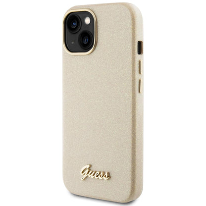 Husa pentru Apple iPhone 15, Guess, Glitter Glossy Script, Bej