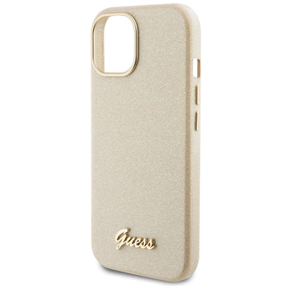 Husa pentru Apple iPhone 15, Guess, Glitter Glossy Script, Bej