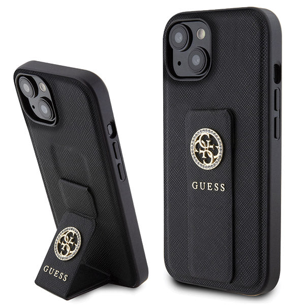 Husa pentru Apple iPhone 15, Guess, Grip Stand 4G Saffiano Strass, Neagra