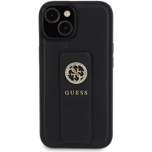 Husa pentru Apple iPhone 15, Guess, Grip Stand 4G Saffiano Strass, Neagra