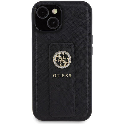 Husa pentru Apple iPhone 15, Guess, Grip Stand 4G Saffiano Strass, Neagra
