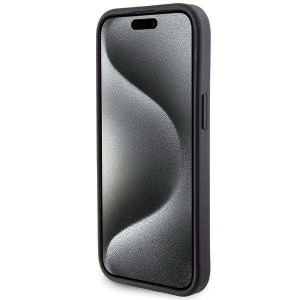 Husa pentru Apple iPhone 15, Guess, Grip Stand 4G Saffiano Strass, Neagra