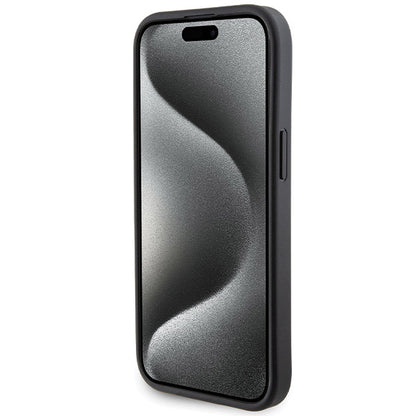 Husa pentru Apple iPhone 15, Guess, Grip Stand 4G Saffiano Strass, Neagra