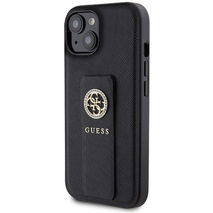 Husa pentru Apple iPhone 15, Guess, Grip Stand 4G Saffiano Strass, Neagra