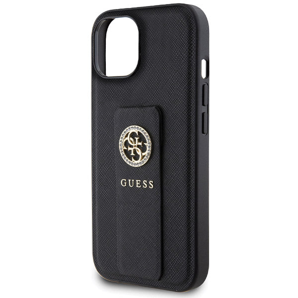 Husa pentru Apple iPhone 15, Guess, Grip Stand 4G Saffiano Strass, Neagra