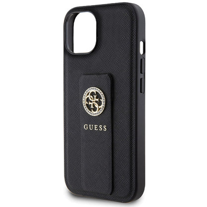 Husa pentru Apple iPhone 15, Guess, Grip Stand 4G Saffiano Strass, Neagra