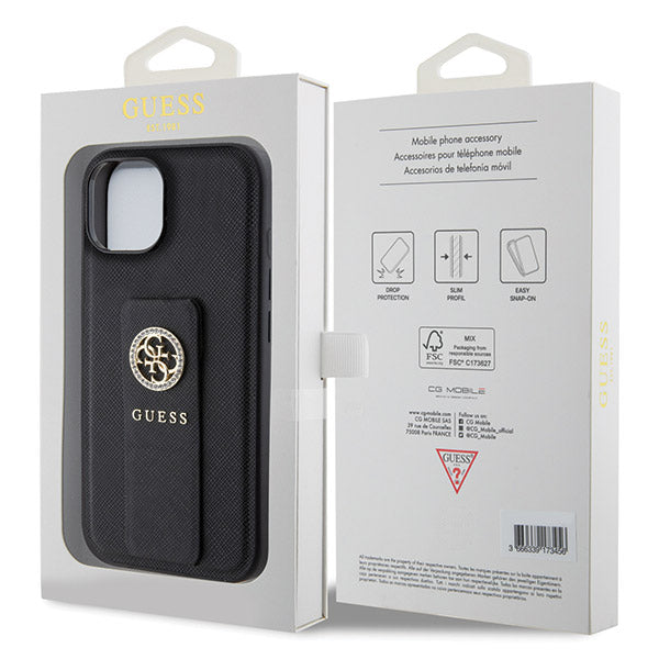 Husa pentru Apple iPhone 15, Guess, Grip Stand 4G Saffiano Strass, Neagra