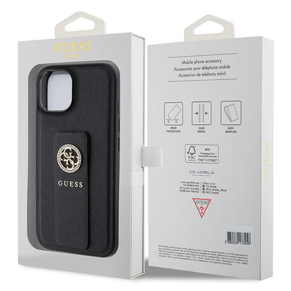 Husa pentru Apple iPhone 15, Guess, Grip Stand 4G Saffiano Strass, Neagra