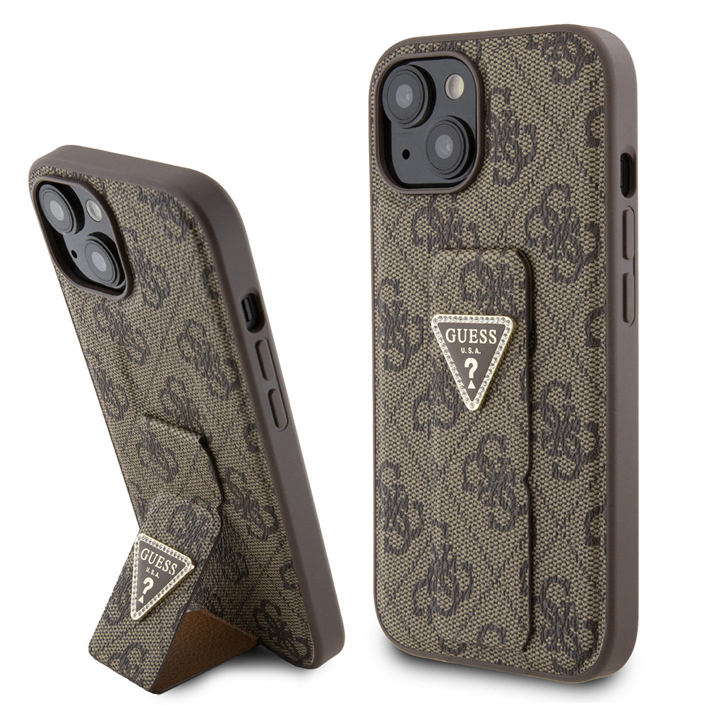 Husa pentru Apple iPhone 15, Guess, Grip Stand 4G Triangle Strass, Maro