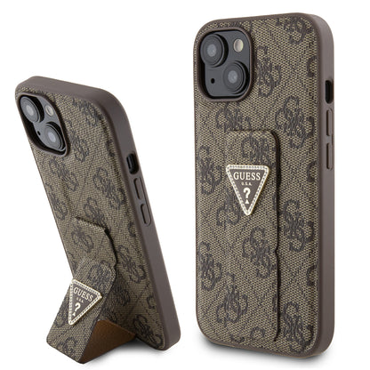 Husa pentru Apple iPhone 15, Guess, Grip Stand 4G Triangle Strass, Maro