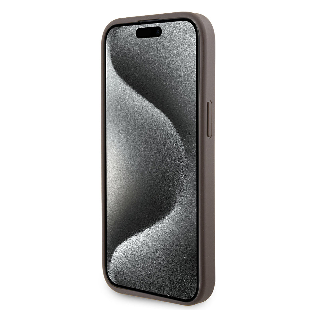 Husa pentru Apple iPhone 15, Guess, Grip Stand 4G Triangle Strass, Maro