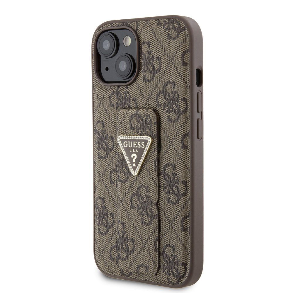 Husa pentru Apple iPhone 15, Guess, Grip Stand 4G Triangle Strass, Maro