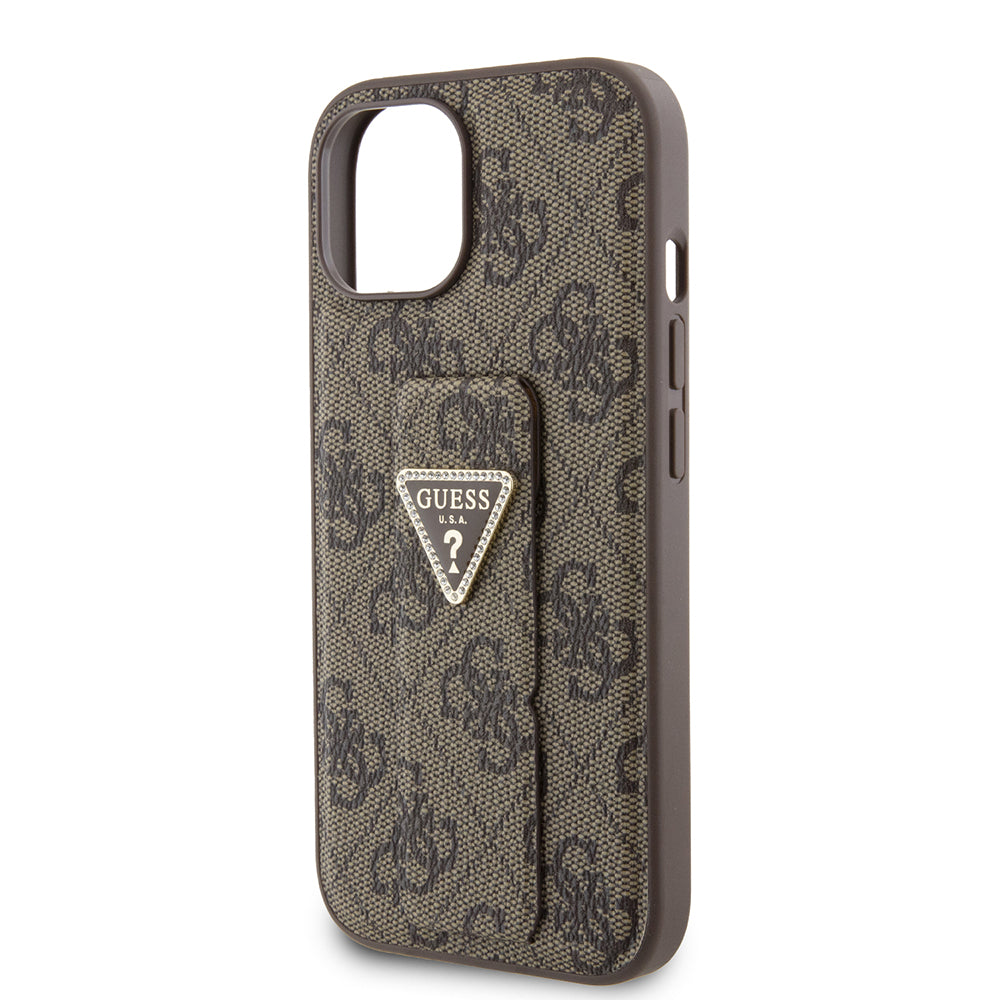 Husa pentru Apple iPhone 15, Guess, Grip Stand 4G Triangle Strass, Maro