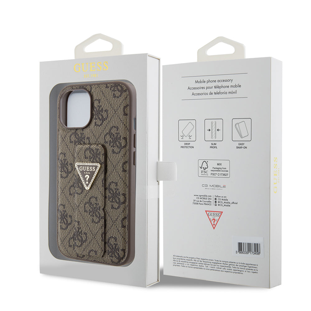 Husa pentru Apple iPhone 15, Guess, Grip Stand 4G Triangle Strass, Maro