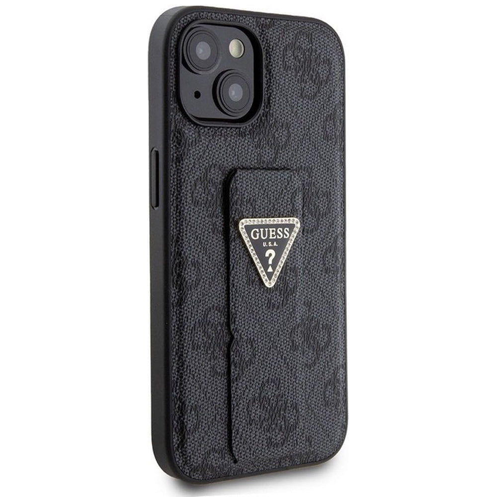 Husa pentru Apple iPhone 15, Guess, Grip Stand 4G Triangle Strass, Neagra