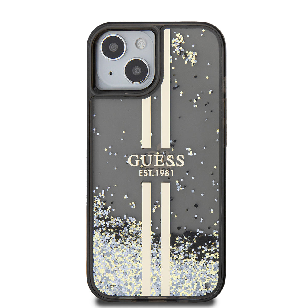 Husa pentru Apple iPhone 15, Guess, Liquid Glitter Gold Stripes, Neagra