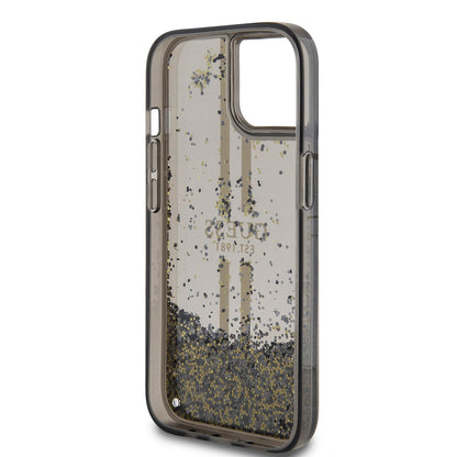 Husa pentru Apple iPhone 15, Guess, Liquid Glitter Gold Stripes, Neagra