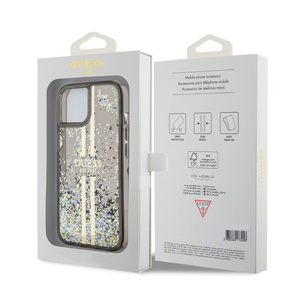 Husa pentru Apple iPhone 15, Guess, Liquid Glitter Gold Stripes, Neagra