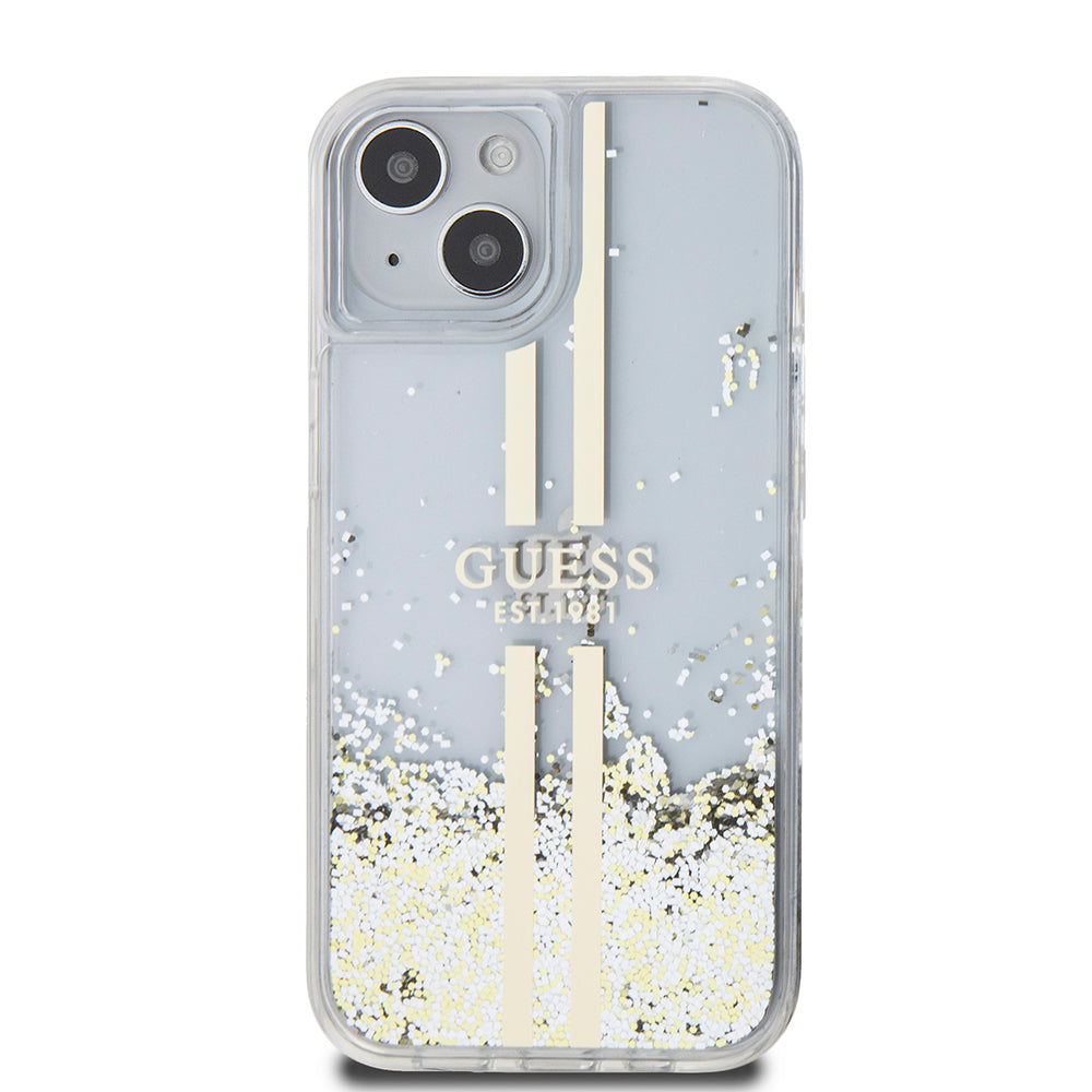 Husa pentru Apple iPhone 15, Guess, Liquid Glitter Gold Stripes, Transparenta