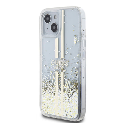 Husa pentru Apple iPhone 15, Guess, Liquid Glitter Gold Stripes, Transparenta