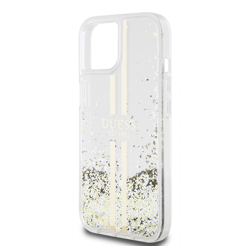 Husa pentru Apple iPhone 15, Guess, Liquid Glitter Gold Stripes, Transparenta