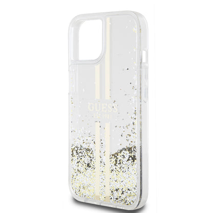Husa pentru Apple iPhone 15, Guess, Liquid Glitter Gold Stripes, Transparenta