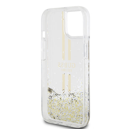 Husa pentru Apple iPhone 15, Guess, Liquid Glitter Gold Stripes, Transparenta