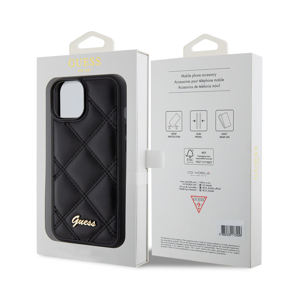 Husa pentru Apple iPhone 15, Guess, Quilted Metal Logo, Neagra