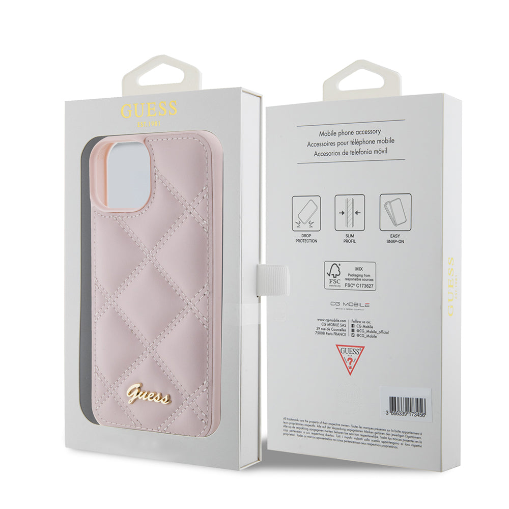Husa pentru Apple iPhone 15, Guess, Quilted Metal Logo, Roz