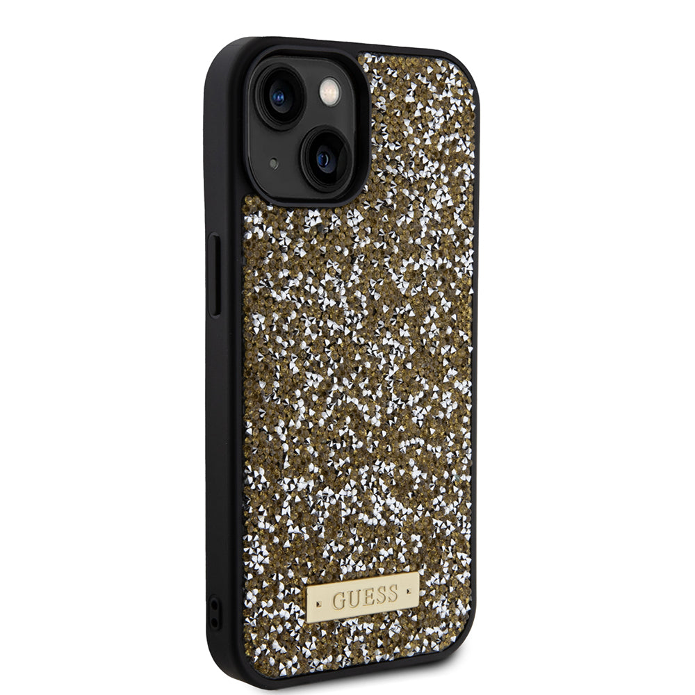 Husa pentru Apple iPhone 15, Guess, Rhinestone Metal Logo, Galbena