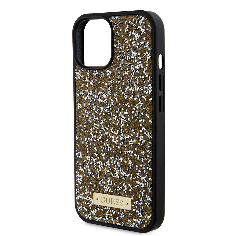Husa pentru Apple iPhone 15, Guess, Rhinestone Metal Logo, Galbena