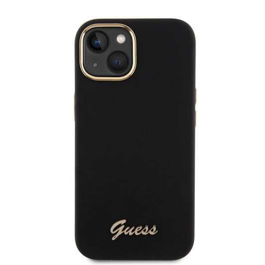 Husa pentru Apple iPhone 15, Guess, Script Metal Logo & Frame, Neagra
