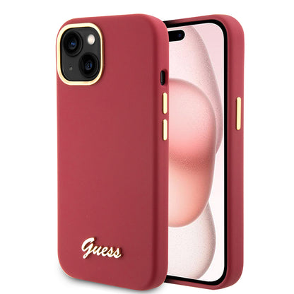Husa pentru Apple iPhone 15, Guess, Script Metal Logo & Frame, Rosie