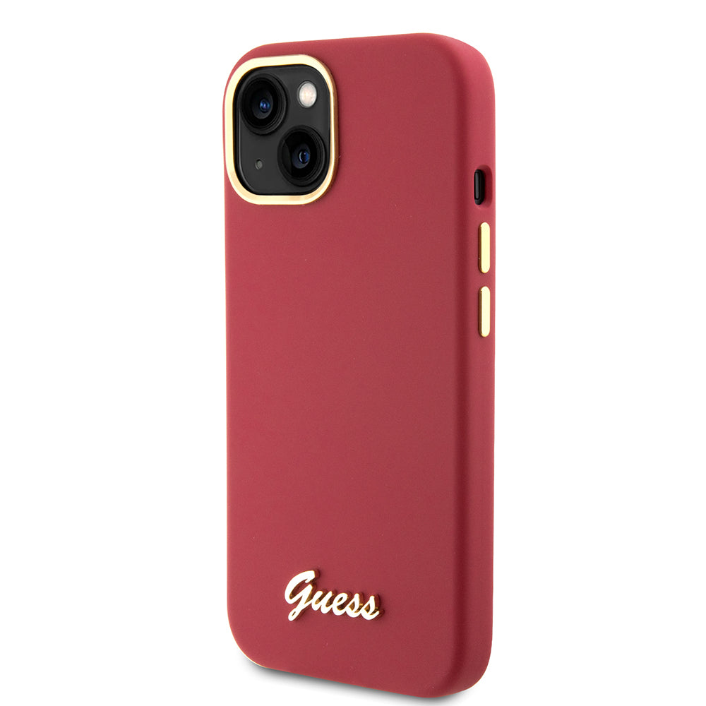 Husa pentru Apple iPhone 15, Guess, Script Metal Logo & Frame, Rosie