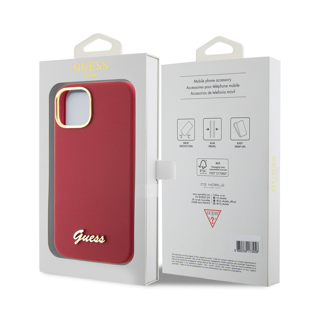 Husa pentru Apple iPhone 15, Guess, Script Metal Logo & Frame, Rosie
