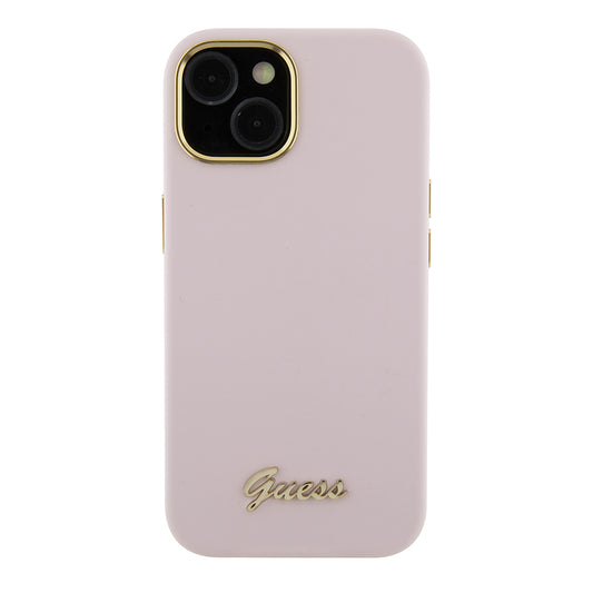 Husa pentru Apple iPhone 15, Guess, Script Metal Logo & Frame, Roz Deschis
