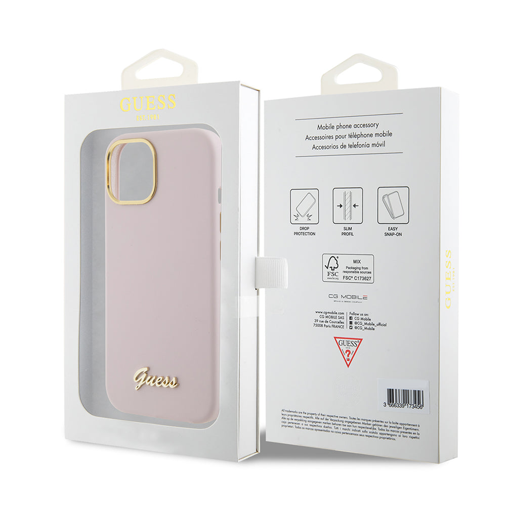 Husa pentru Apple iPhone 15, Guess, Script Metal Logo & Frame, Roz Deschis