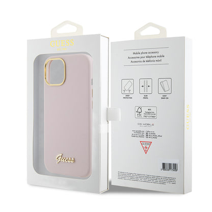 Husa pentru Apple iPhone 15, Guess, Script Metal Logo & Frame, Roz Deschis